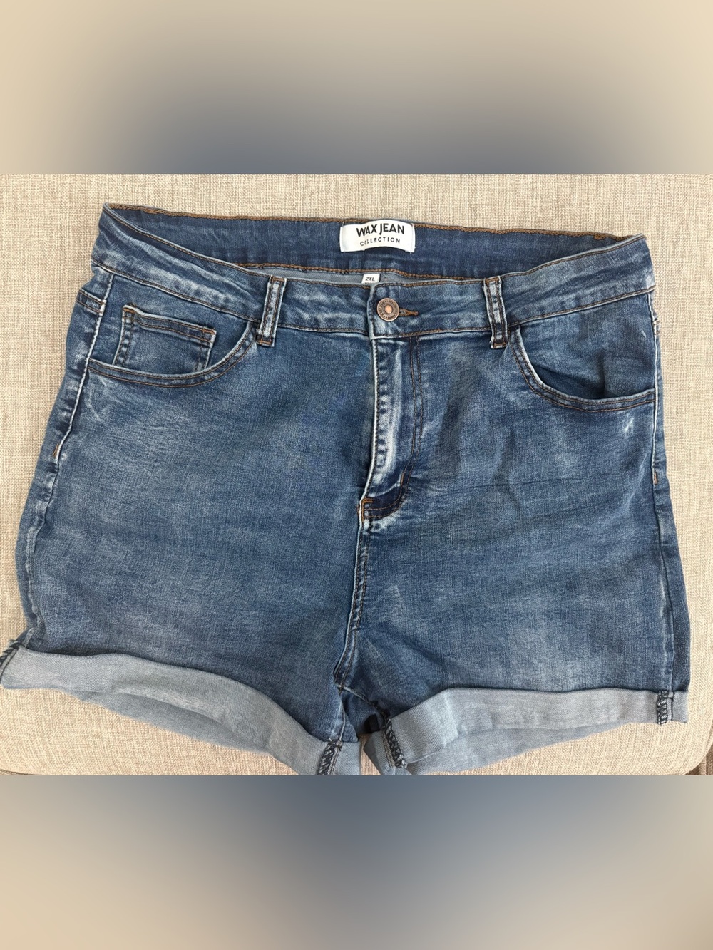 Ultra Stretchy Wax Jean Blue Denim Shorts with Copper Button